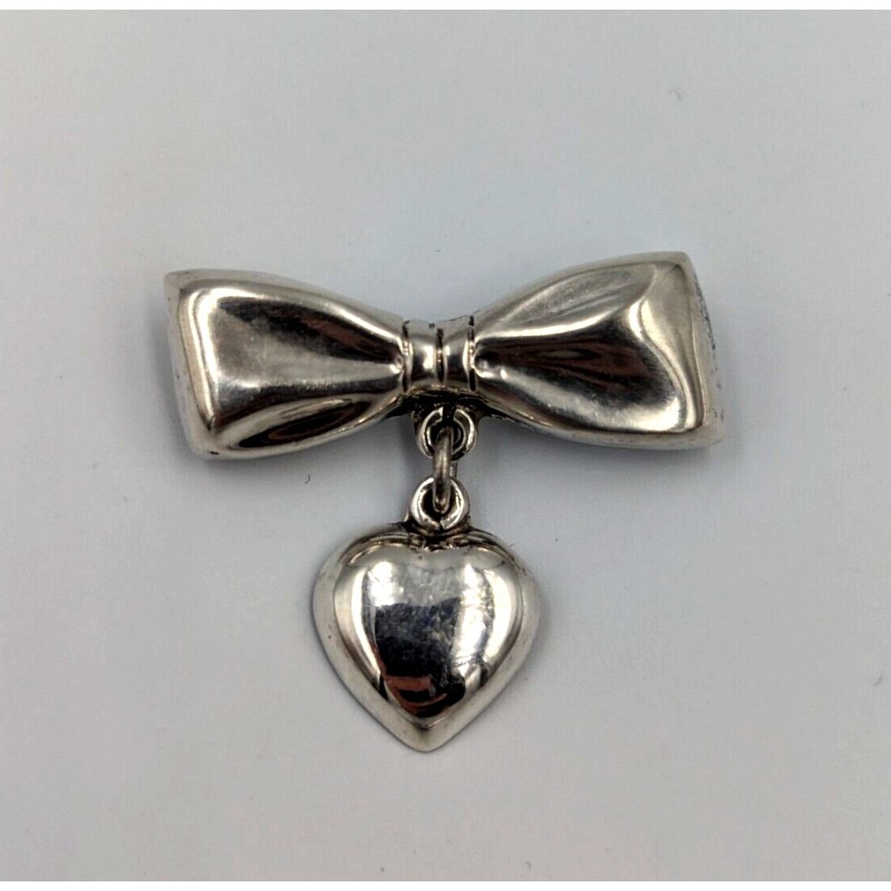 Sterling Silver Bow And Heart Brooch Vintage 925 Mexico Puffy Pin Marked